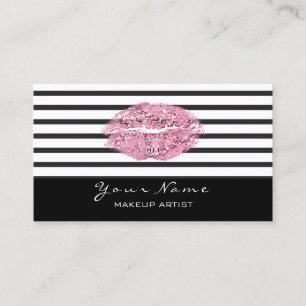 Makeup Artist Black White Stripes Lips Pink Glitte Business Card