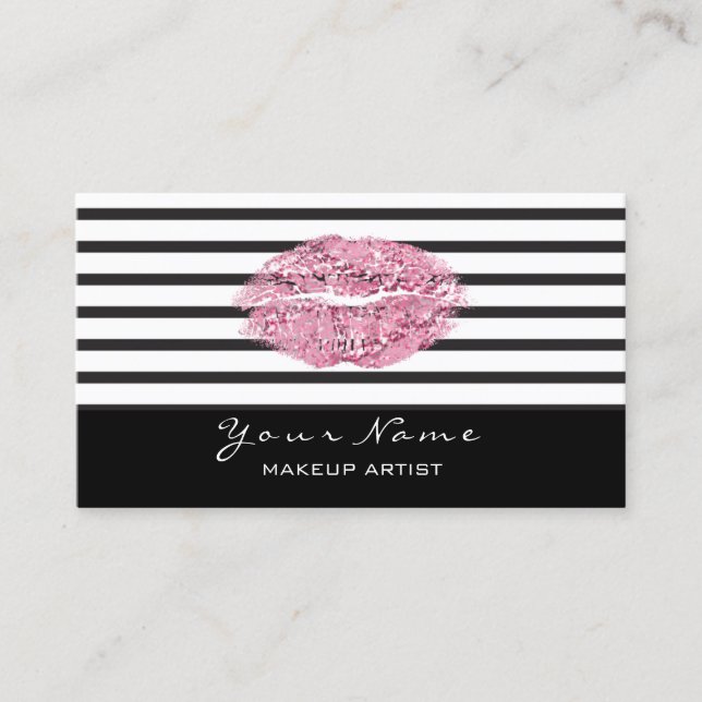 Makeup Artist Black White Stripes Lips Pink Glitte Business Card (Front)