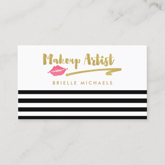 Makeup Artist Black White Stripes With Pink Lips Business Card (Front)