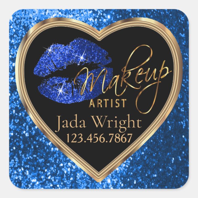 Makeup Artist Blue Glitter Love Lips and Gold Font Square Sticker (Front)