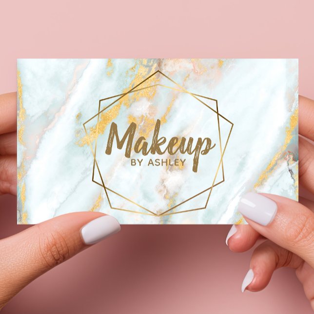 Makeup Artist Blue Gold Marble Geometric Terrarium Business Card (Creator Uploaded)