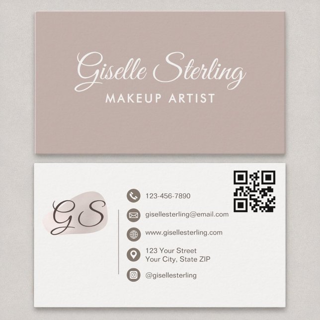 Makeup Artist Blush Mauve Modern Elegant QR Code Business Card (Creator Uploaded)