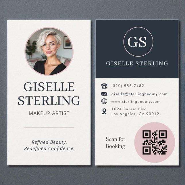Makeup Artist Blush & Navy Photo QR Code  Business Card (Creator Uploaded)