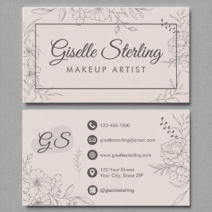 Makeup Artist Blush Pink Floral Line Art Script Business Card