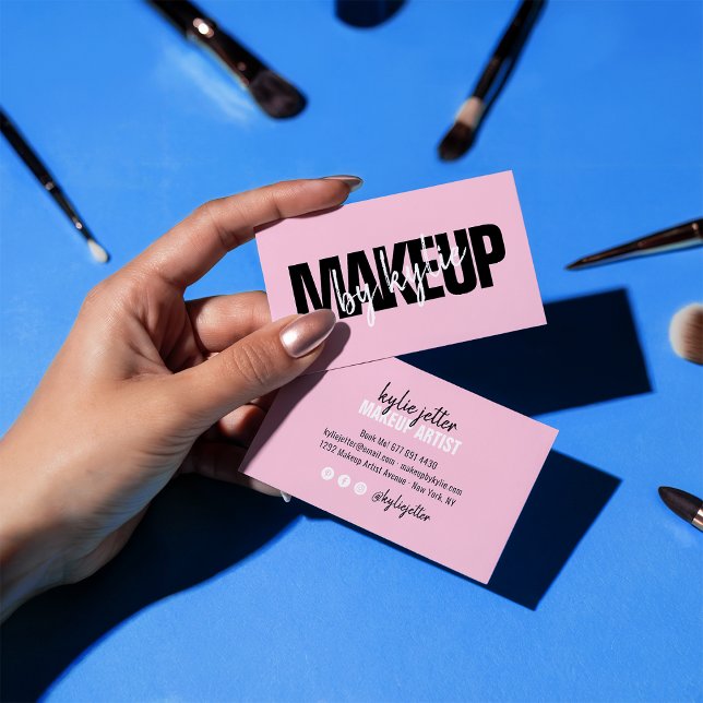 Makeup artist bold signature script pastel pink business card (Makeup artist bold signature script pastel pink)