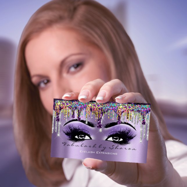 Makeup Artist Brow Eyelash Drip Violet Holographic Business Card (Creator Uploaded)