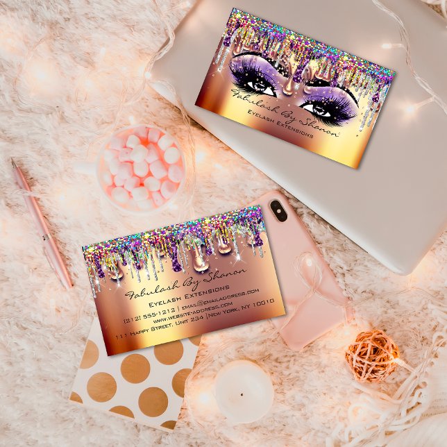 Makeup Artist Brow Eyelash Gold Drips Confetti Business Card (Makeup Artist Brow Eyelash Gold Drips Confetti Business Card)