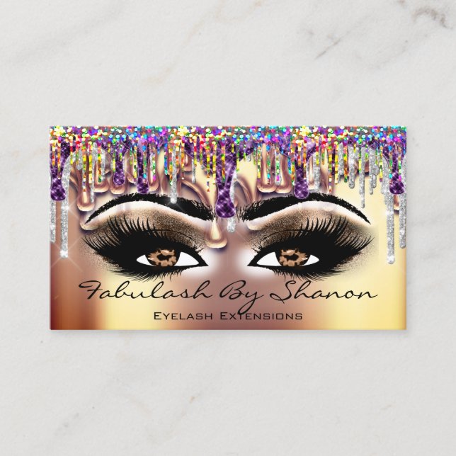 Makeup Artist Brown Eyelash Gold Drips Holograph Business Card (Front)