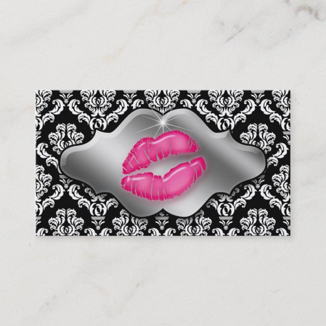 Makeup Artist Business Cards Pink Lips Damask Silv (Front)