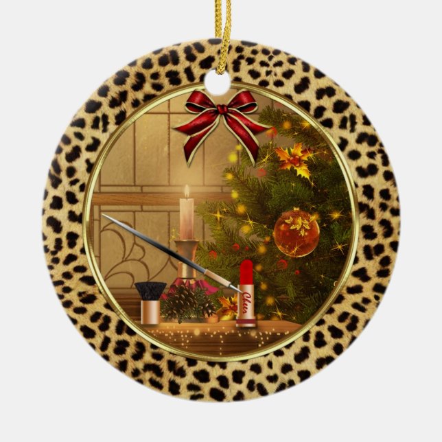 Makeup Artist Cheetah Print Personalised Ornament (Front)