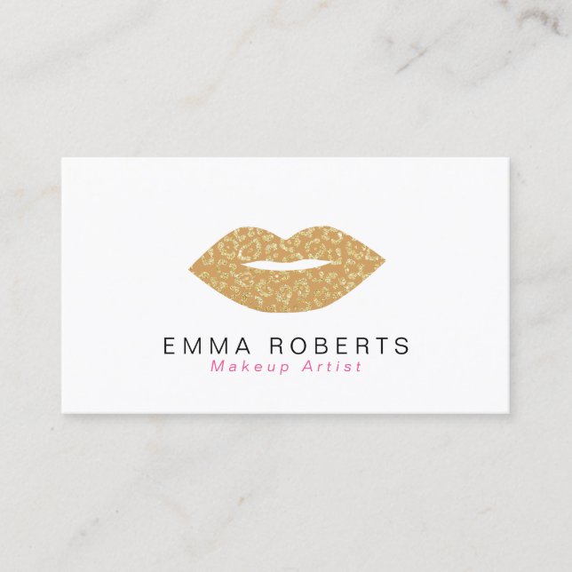 Makeup Artist Chic Gold Leopard Print Lips Business Card (Front)