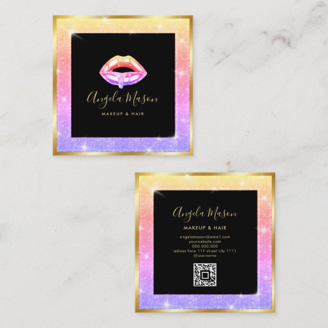 Makeup Artist Chic Salon QR Code Unique Square Business Card (Front/Back)