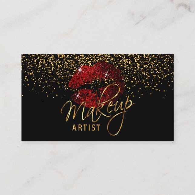 Makeup Artist  Cinnamon Red Lips on Black Business Card (Front)