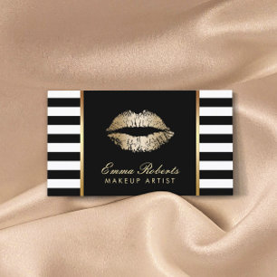Makeup Artist Classy Black White Stripes Gold Lips Business Card