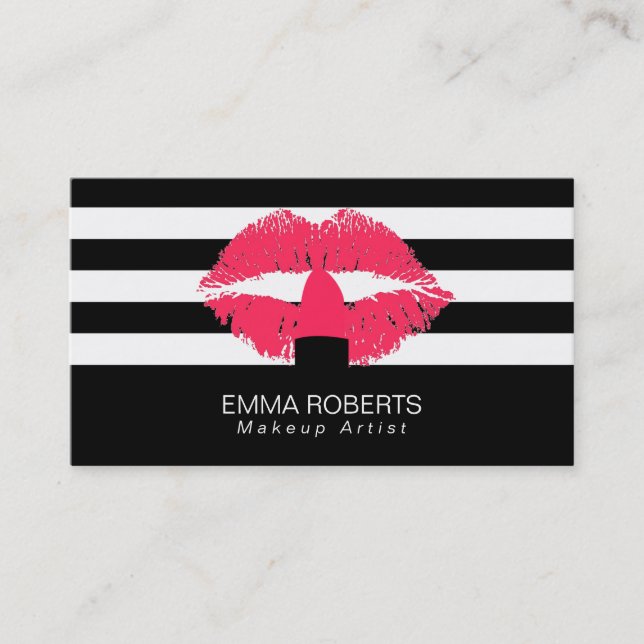 Makeup Artist Classy Black White Stripes Red Lips Business Card (Front)