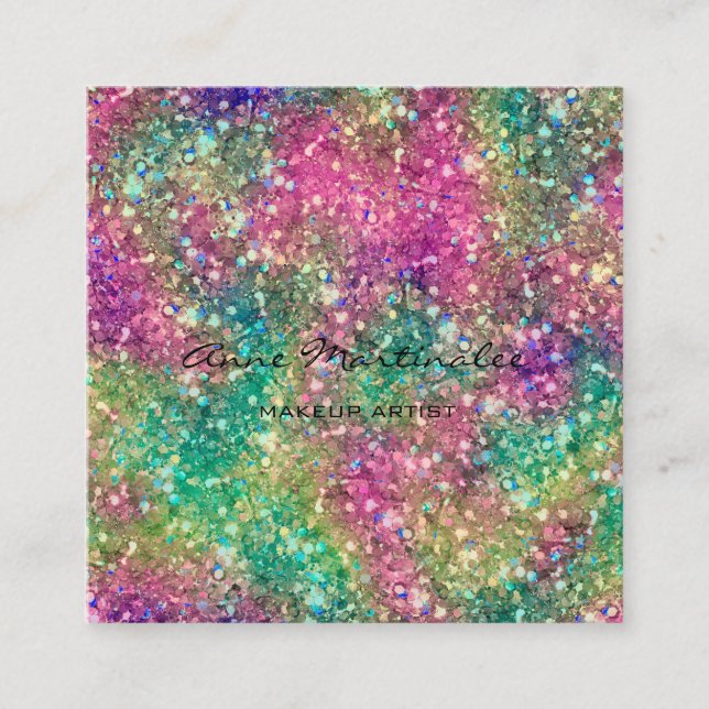Makeup Artist Colourful Glitter Glam Square Business Card (Front)
