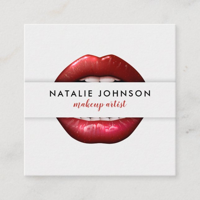 Makeup artist cool 3d red lips modern grey beauty square business card (Front)