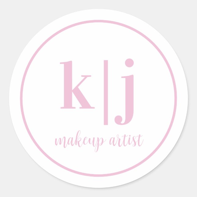 Makeup Artist Custom Monogram Business Pink white Classic Round Sticker (Front)