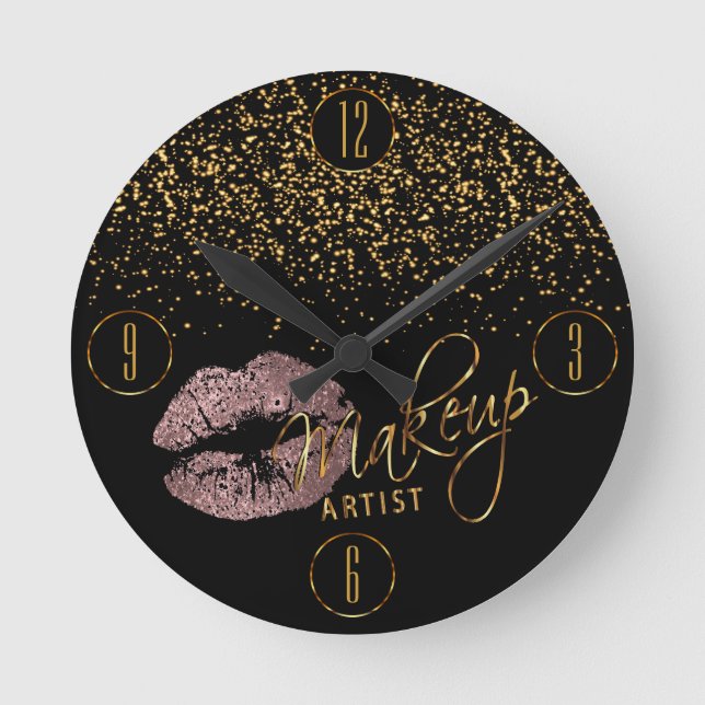 Makeup Artist Dusty Rose Lips and Gold Confetti Round Clock (Front)