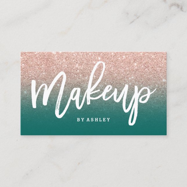 Makeup artist elegant typography green rose gold business card (Front)