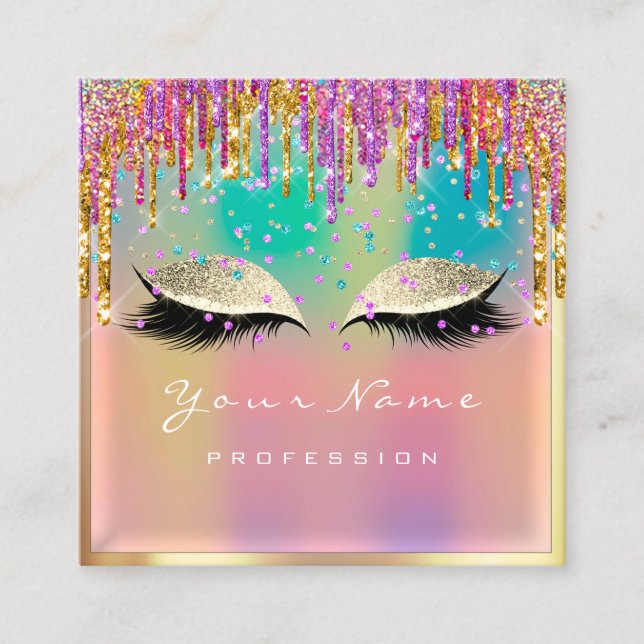 Makeup Artist Eyelash Drips Glitter Pink Holograph Square Business Card (Front)