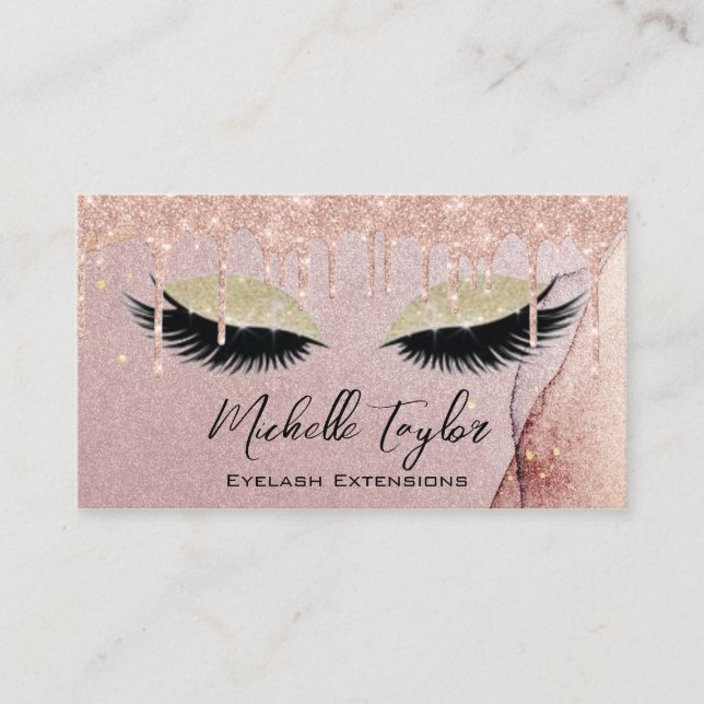 Makeup Artist Eyelash Lashes Glitter Drips Rose  Business Card (Front)