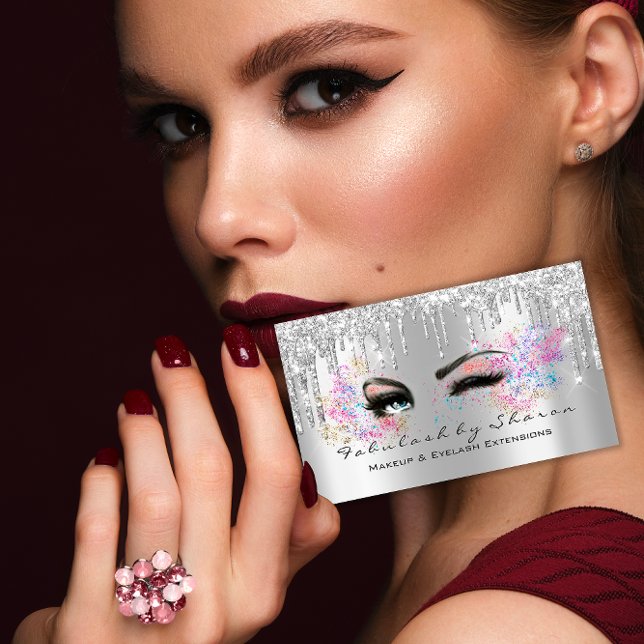 Makeup Artist Eyelash Lashes Glitter Drips Silver Business Card (Makeup Artist Eyelash Lashes Glitter Drips Silver Business Card)