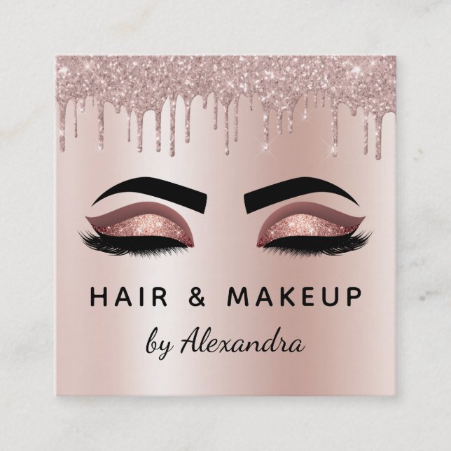 Makeup Artist Eyelash Lashes Glitter Rose Gold Square Business Card (Front)