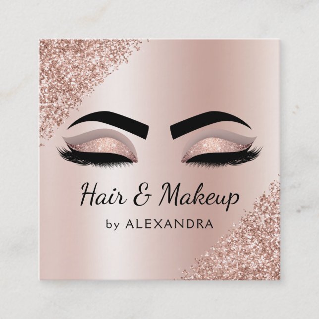 Makeup Artist Eyelash Lashes Glitter Rose Gold Square Business Card (Front)