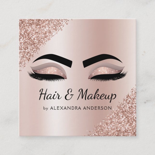 Makeup Artist Eyelash Lashes Glitter Rose Gold Square Business Card (Front)