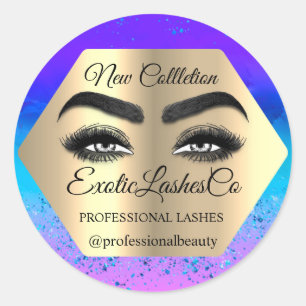 Makeup Artist Eyelash Logo Glitter Blue Aqua Classic Round Sticker