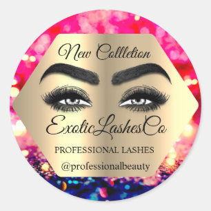 Makeup Artist Eyelash Logo Glitter Red Gold Classic Round Sticker