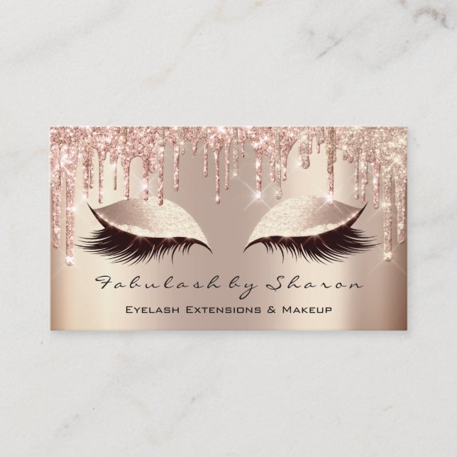 Makeup Artist Eyes Lash VIP Glitter Drip Rose Gold Business Card (Front)
