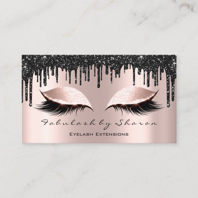Makeup Artist Eyes Lashes Glitter Drips Rose Black Business Card (Front)