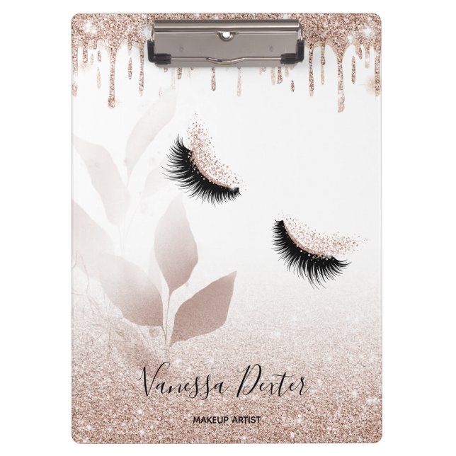 Makeup Artist Floral Lashes Spark Drips Rose Gold Clipboard (Front)