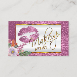 Makeup Artist - Floral Pink Glitter Lip Design Business Card