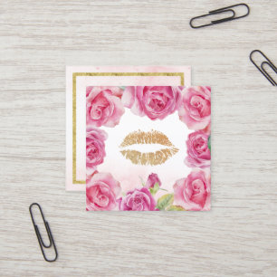 Makeup Artist Flower Frame Gold Lips Beauty Salon Square Business Card