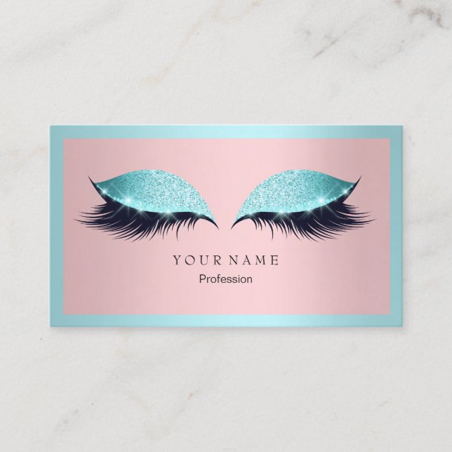 Makeup Artist Frame Glitter Eye Aqua Tiffany Pink Business Card (Front)