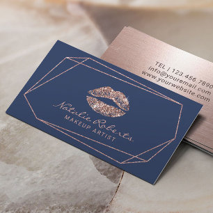 Makeup Artist Geometric Rose Gold Lips Navy Blue Business Card