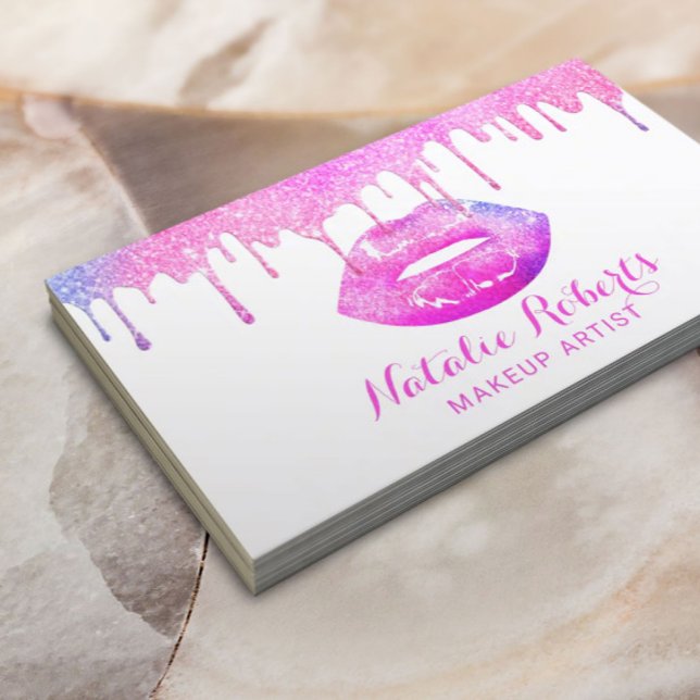 Makeup Artist Girly Pastel Drips Pink Lips Salon Business Card (Creator Uploaded)