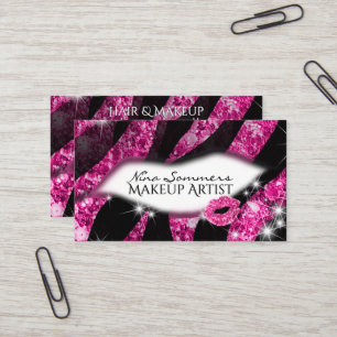 Makeup Artist Glam Pink Glitter Lips Zebra Print Business Card