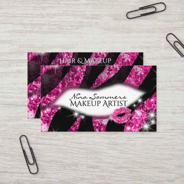Makeup Artist Glam Pink Glitter Lips Zebra Print Business Card (Front/Back In Situ)