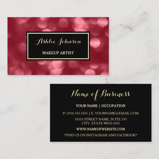 Makeup Artist Glamourous Black Red Sparkle Bokeh Business Card (Front/Back)