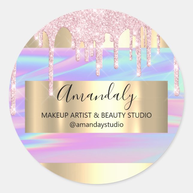 Makeup Artist Glitter Drip Gold Framed Holograph   Classic Round Sticker (Front)
