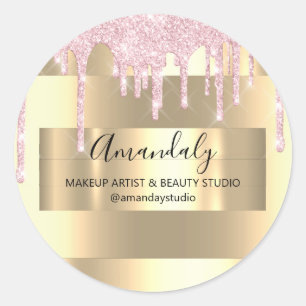 Makeup Artist Glitter Gold Framed Pink Drips Classic Round Sticker
