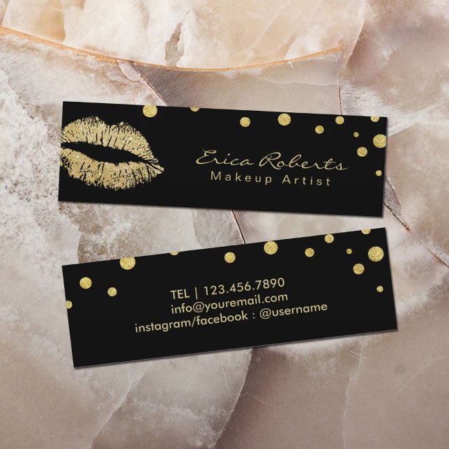 Makeup Artist Glitter Lips Modern Black & Gold Mini Business Card (Creator Uploaded)