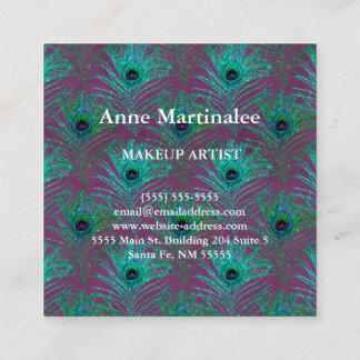Makeup Artist Glitter Peacock Feather Square Business Card