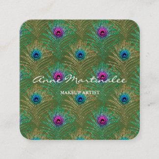 Makeup Artist Glitter Peacock Feathers Green Square Business Card
