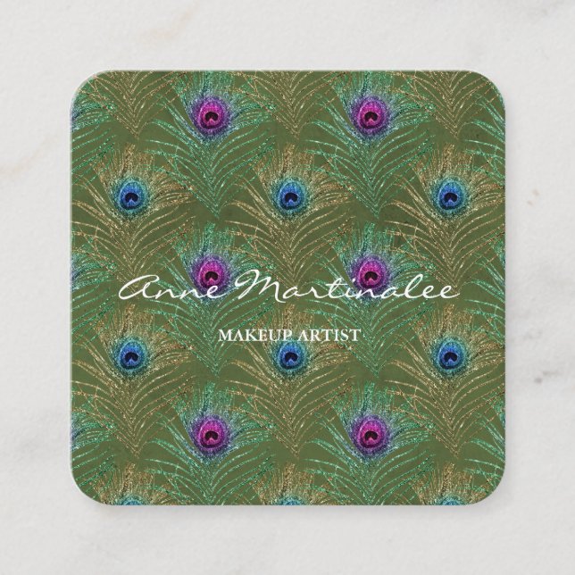 Makeup Artist Glitter Peacock Feathers Green Square Business Card (Front)