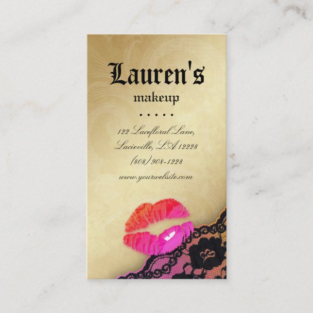 Makeup Artist Glossy Lips N Lace Pink Orange Gold Business Card (Front)